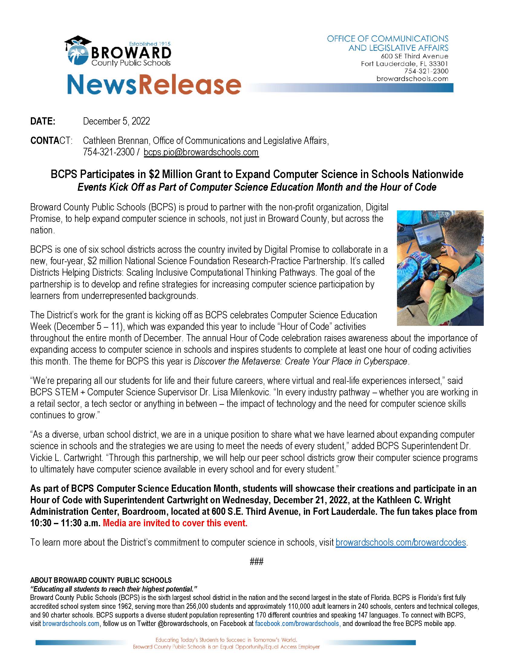 News Release BCPS Partners with National Organizations to Expand Computer Science